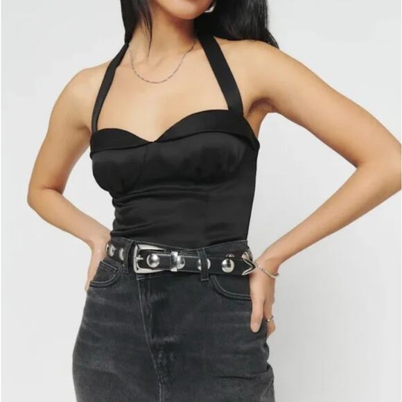 Reformation Top Women 4 Larissa Satin Bustier Corset Black Halter Going Out Chic - Picture 1 of 10